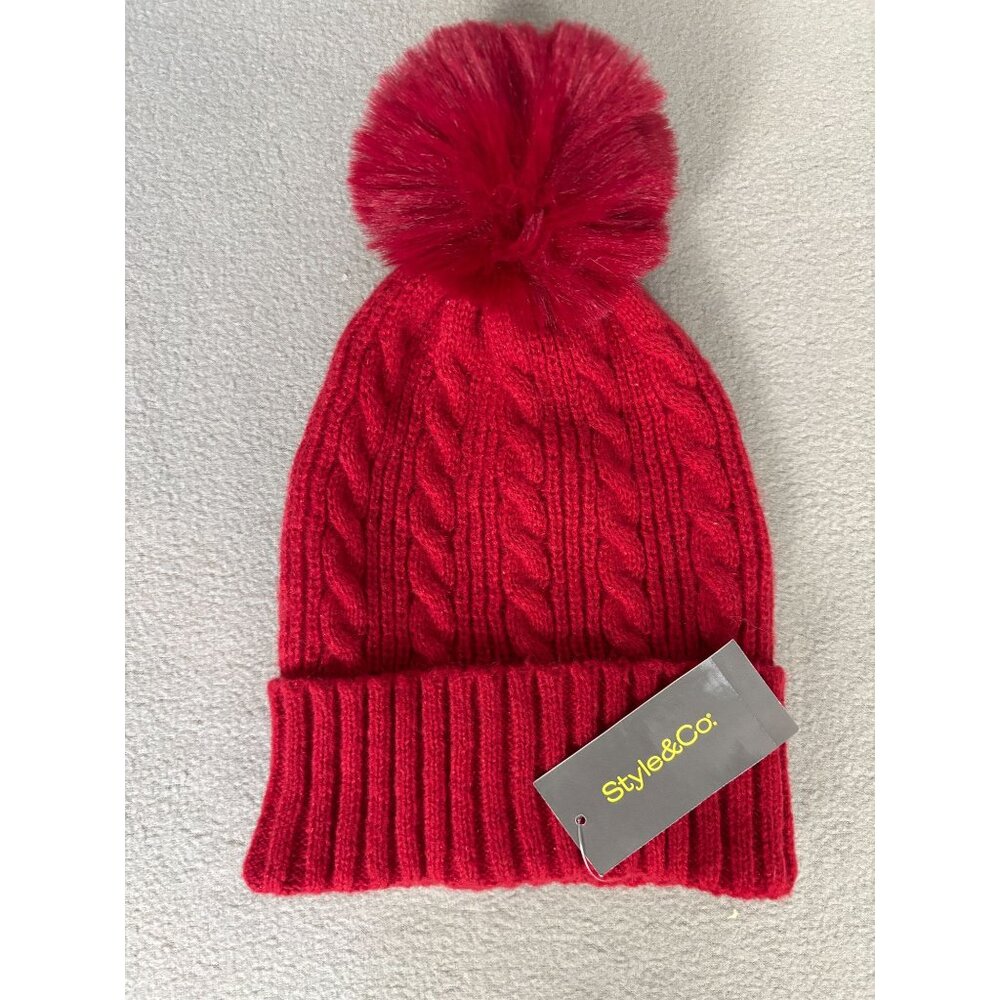 Style & Co. Red Cable Knit Shine Beanie With Pom Pom One Size Recycled Poly NWTs